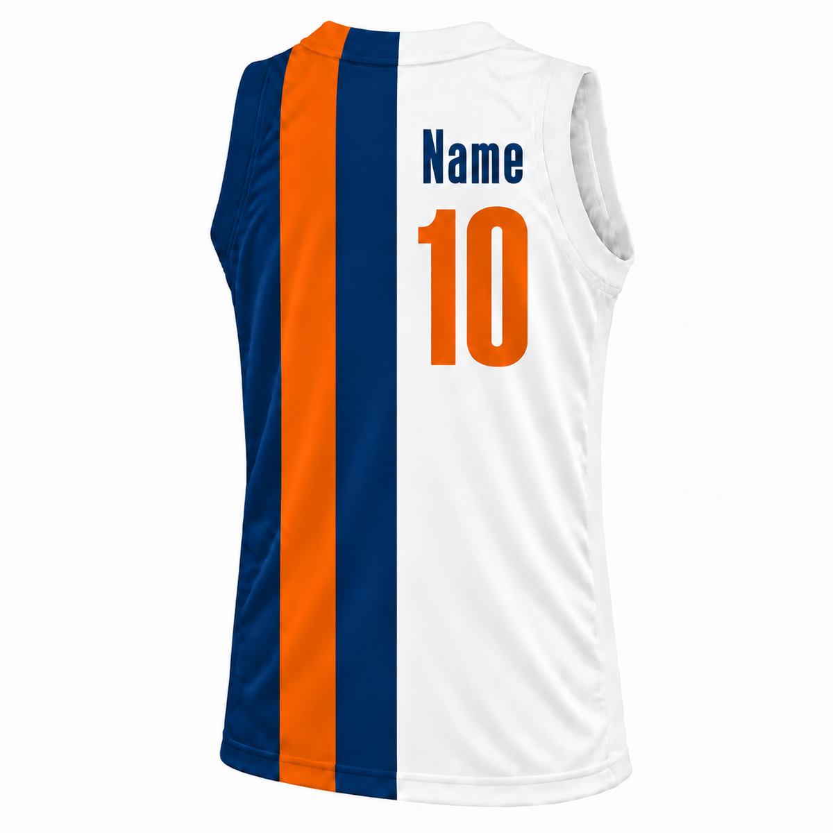 1971 Baltimore Bullets jersey — white back mockup, navy Name, orange number 10, navy and orange vertical side panels.
