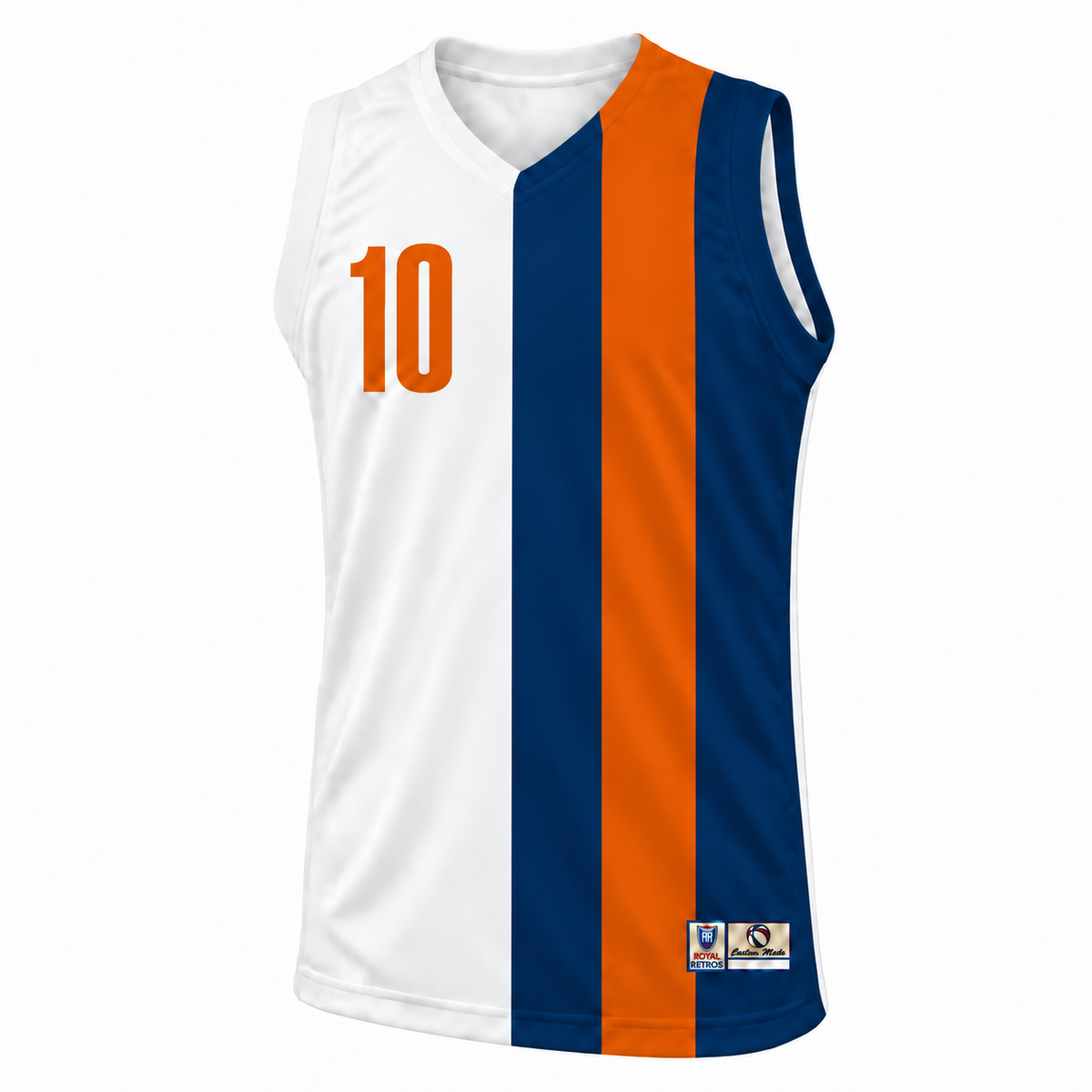 1971 Baltimore Bullets jersey — white front mockup, orange number 10, navy and orange vertical side panels.