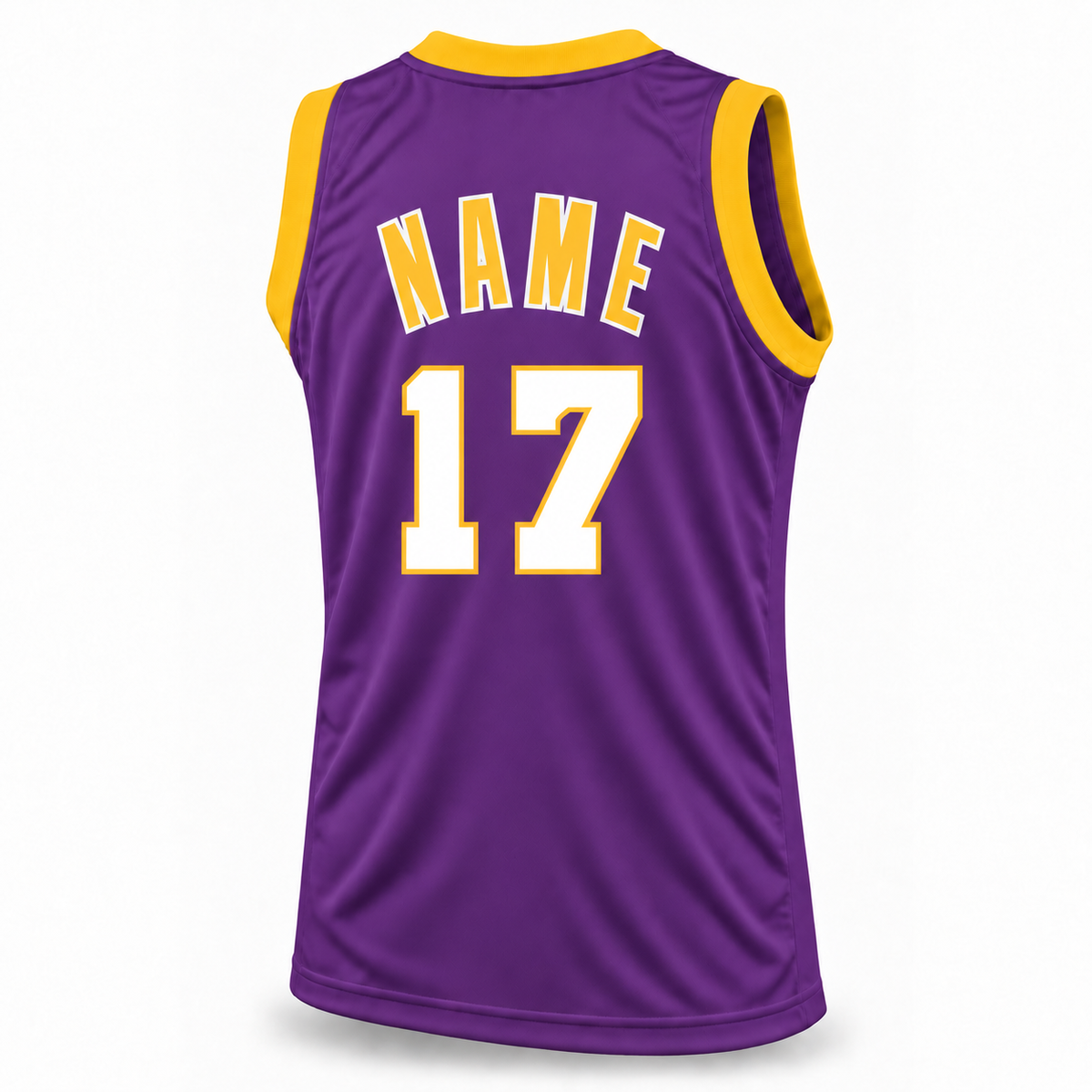 Purple All-Star basketball jersey back mockup with yellow NAME outlined in white and white number 17 outlined in yellow.