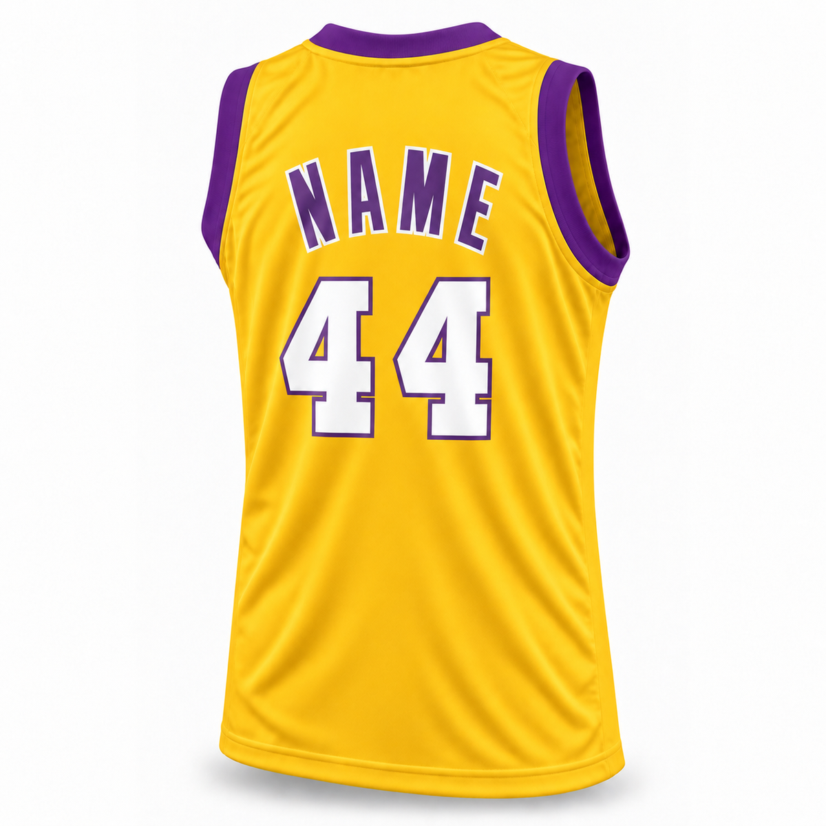 Yellow All-Star basketball jersey back mockup with purple NAME outlined in white and white number 44 outlined in purple.