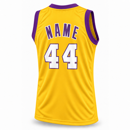 Yellow All-Star basketball jersey back mockup with purple NAME outlined in white and white number 44 outlined in purple.