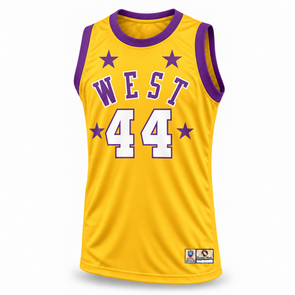 Yellow WEST All-Star basketball jersey front mockup, white number 44 with purple outline, purple stars and trim.