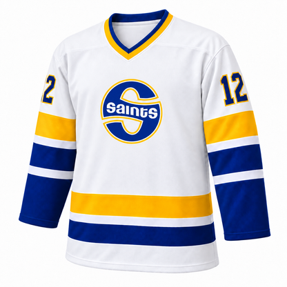 1972 Minnesota Fighting Saints custom jersey — White front mockup, number 12