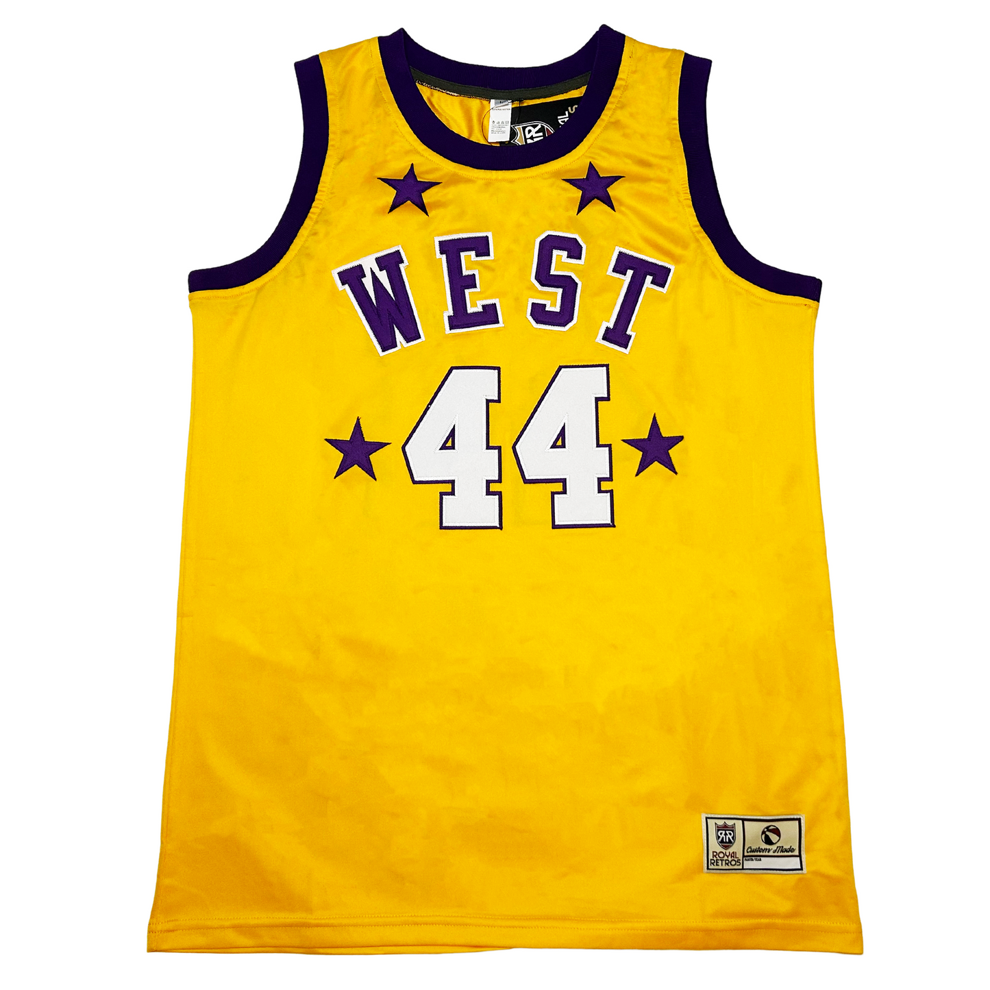 1972 NBA All-Star jersey West. Gold with black trim. West arched across chest in purple with white trim. Four purple stars. Royal Retros 
