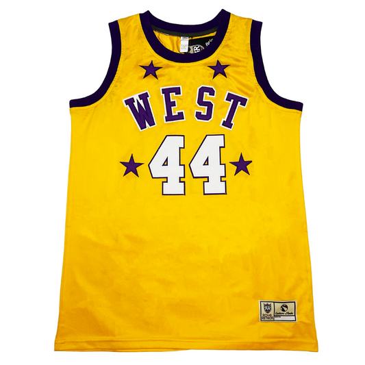 1972 NBA All-Star jersey West. Gold with black trim. West arched across chest in purple with white trim. Four purple stars. Royal Retros 