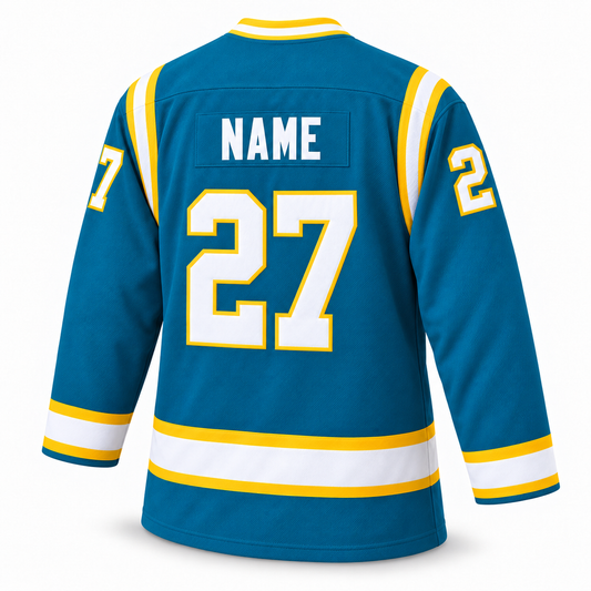 1974 California Golden Seals teal hockey jersey, back view, solid white NAME and white number 27 outlined in yellow.