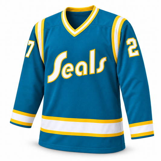 1974 California Golden Seals teal hockey jersey, V-neck front view, white Seals wordmark outlined in yellow and number 27 sleeve digits.