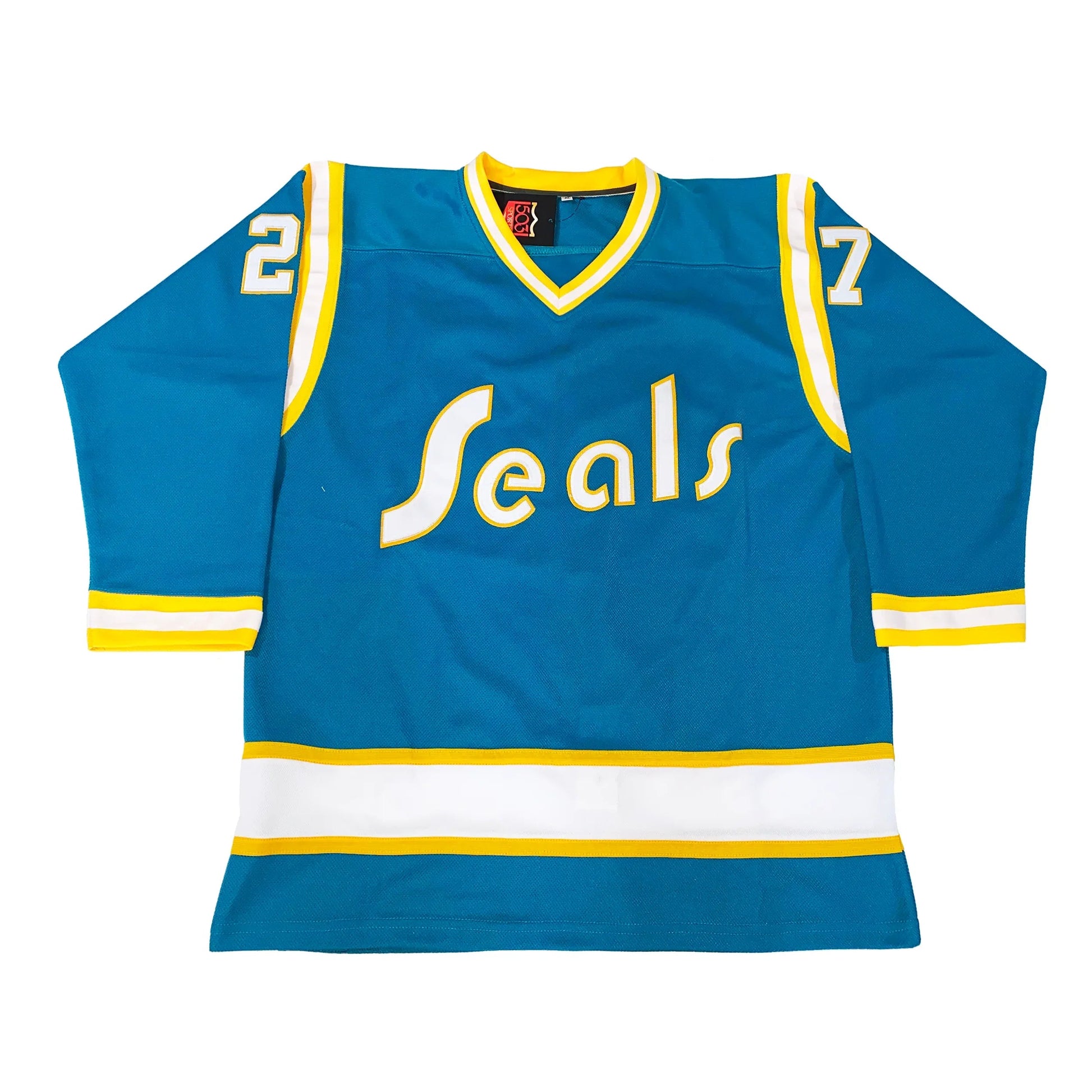 1974 California Golden Seals teal jersey with white Seals wordmark — Royal Retros