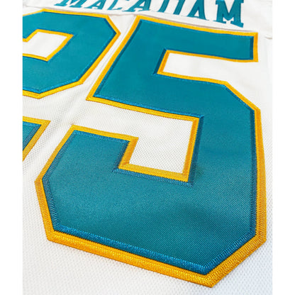 1974 California Golden Seals white jersey close-up with teal number — Royal Retros