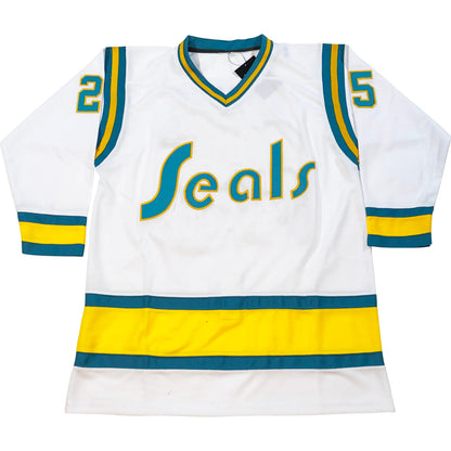 1974 California Golden Seals white jersey with teal Seals wordmark — Royal Retros