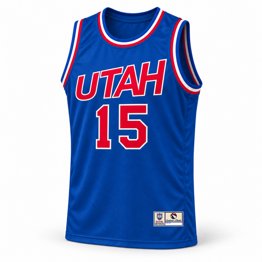 1975-76 Utah Stars basketball jersey, royal blue road uniform front with red UTAH lettering and number 15.