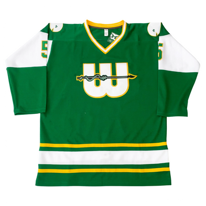 1975 New England Whalers green WHA jersey with harpoon W crest — Royal Retros