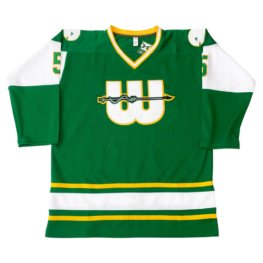 1975 New England Whalers green WHA jersey with harpoon W crest — Royal Retros