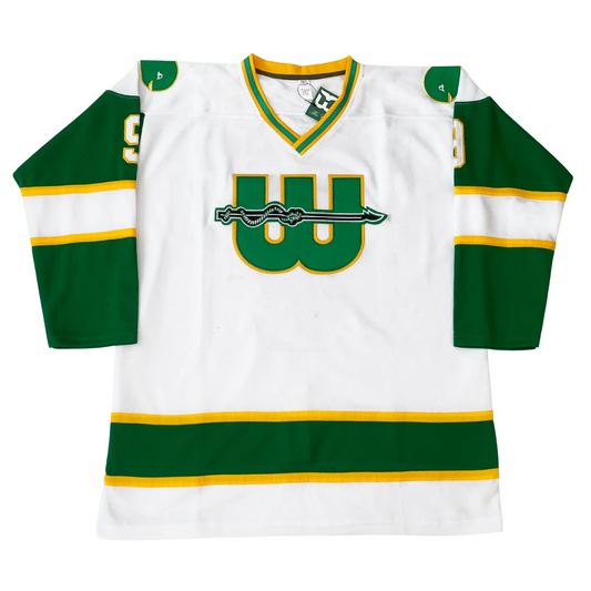 1975 New England Whalers white WHA jersey with harpoon W crest — Royal Retros