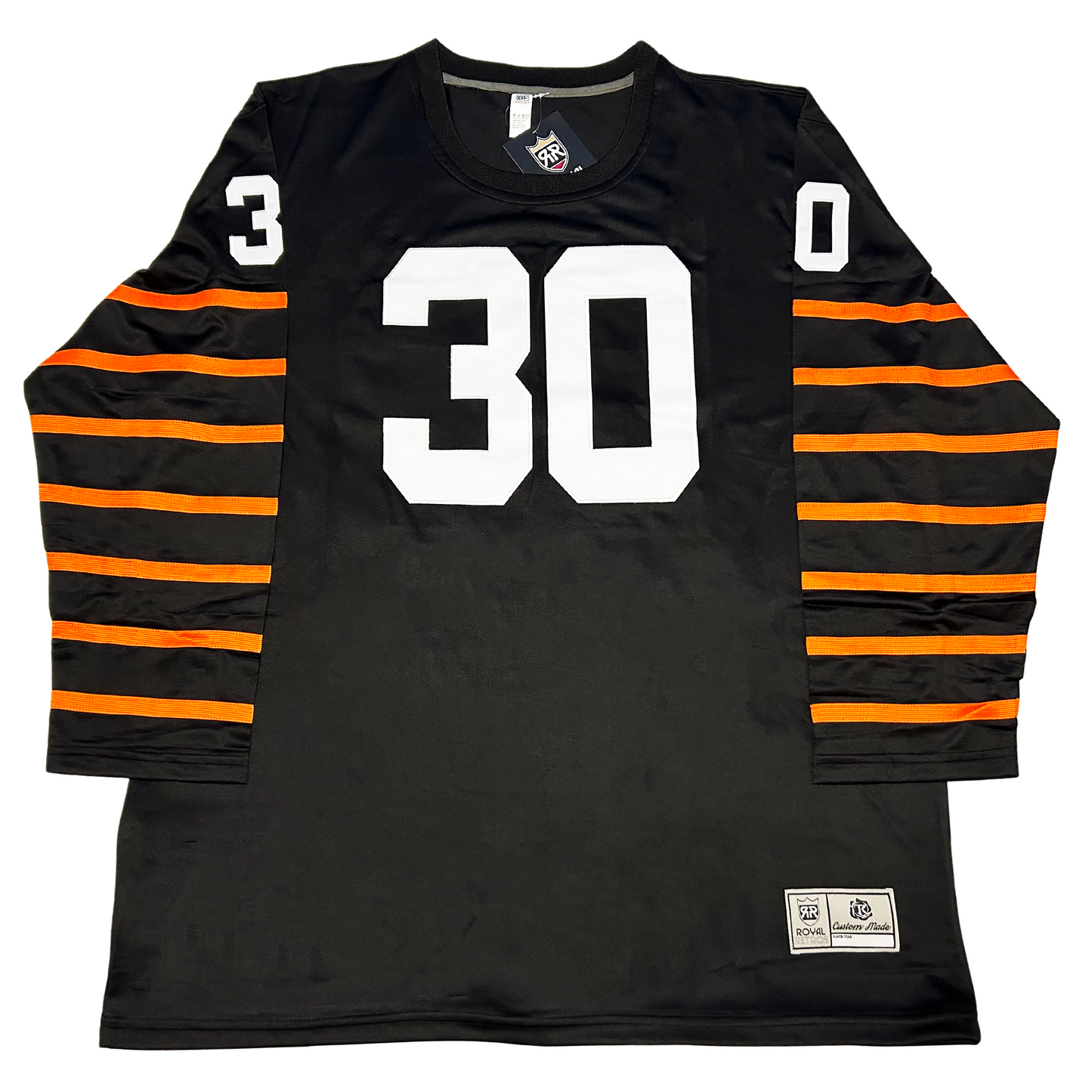 1975 BC Lions jersey with orange stripes on sleeves white #30 on sleeves and chest Royal Retros