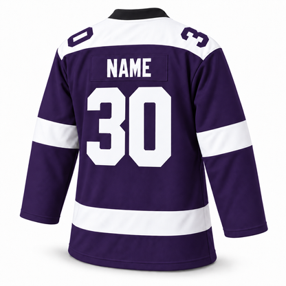 1976 Cleveland Crusaders purple custom hockey jersey back mockup with NAME and number 30
