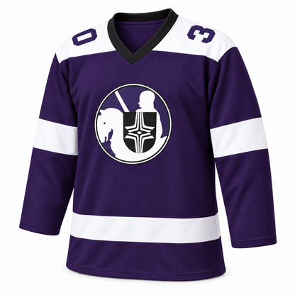 1976 Cleveland Crusaders purple custom hockey jersey front mockup with number 30