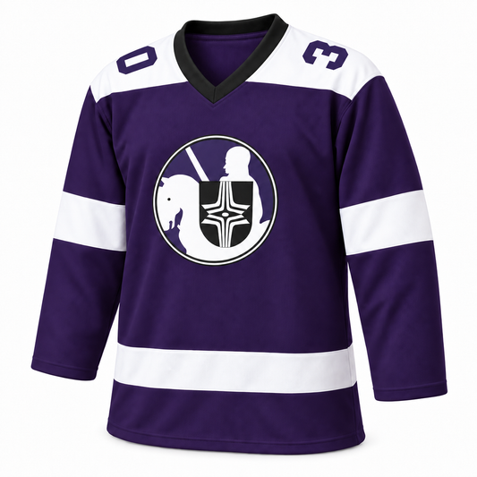1976 Cleveland Crusaders purple custom hockey jersey front mockup with number 30