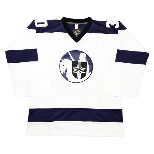 1976 Cleveland Crusaders white jersey with purple shoulders and knight crest — Royal Retros