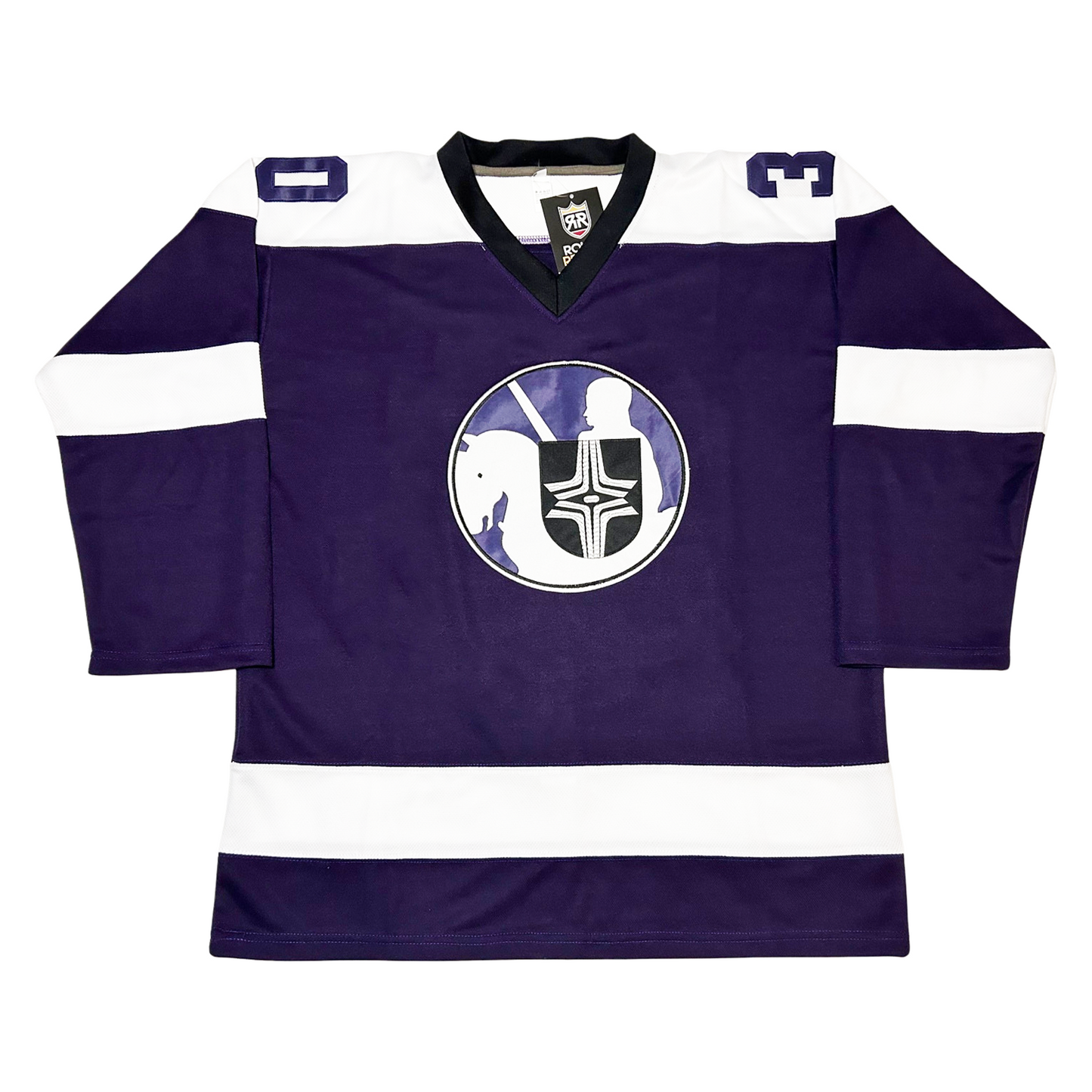 Cleveland Crusaders Jersey purple with white shoulders. White bands on sleeves and waist. Circular logo with silhouette of knight and horse in white holding black shield with white markings Cheevers #30 Royal Retros