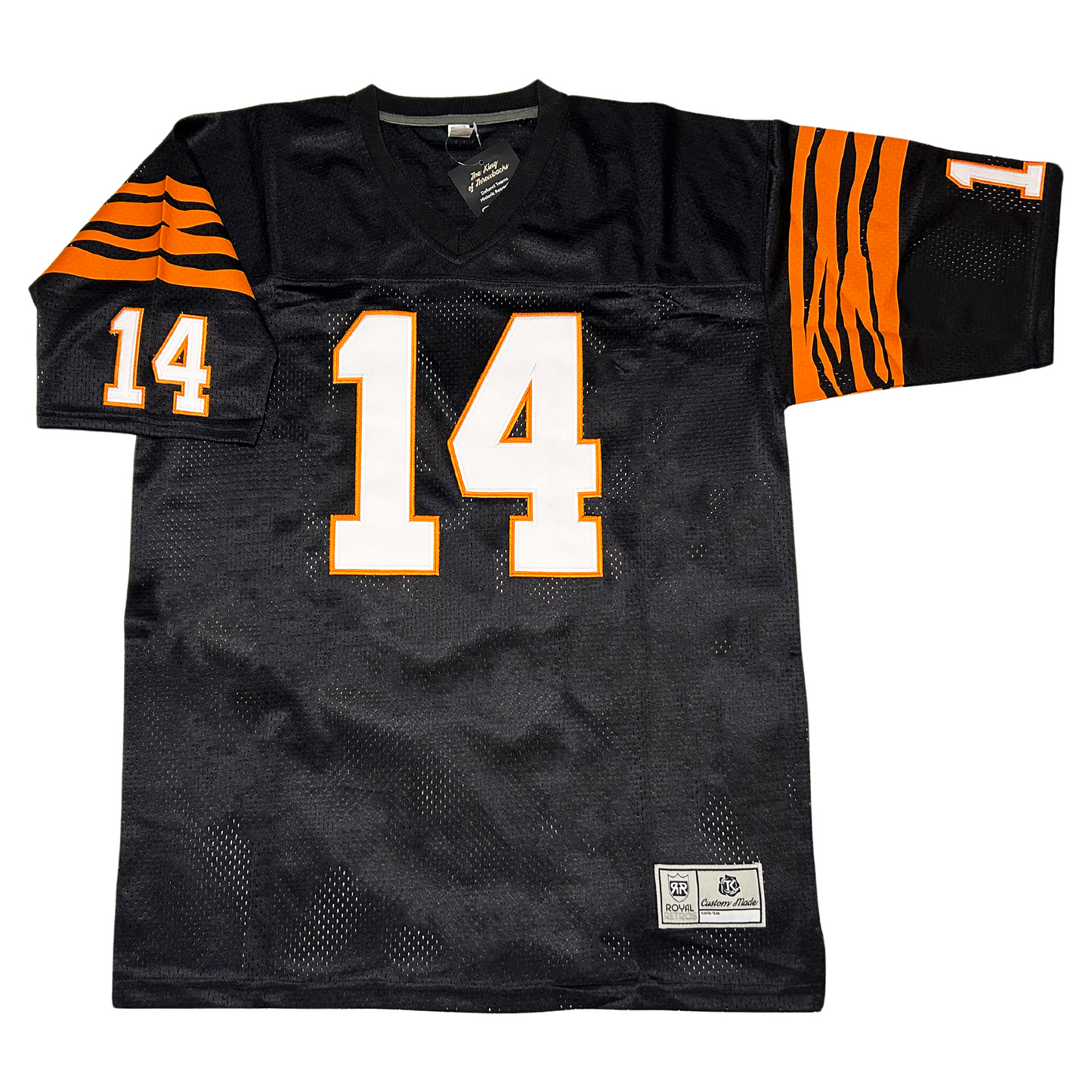 1980 Cincinnati Bengals Jersey, Black. Tiger stripe bands at shoulders. #14 white with orange trim large on chest, small at sleeve ends. Royal Retros