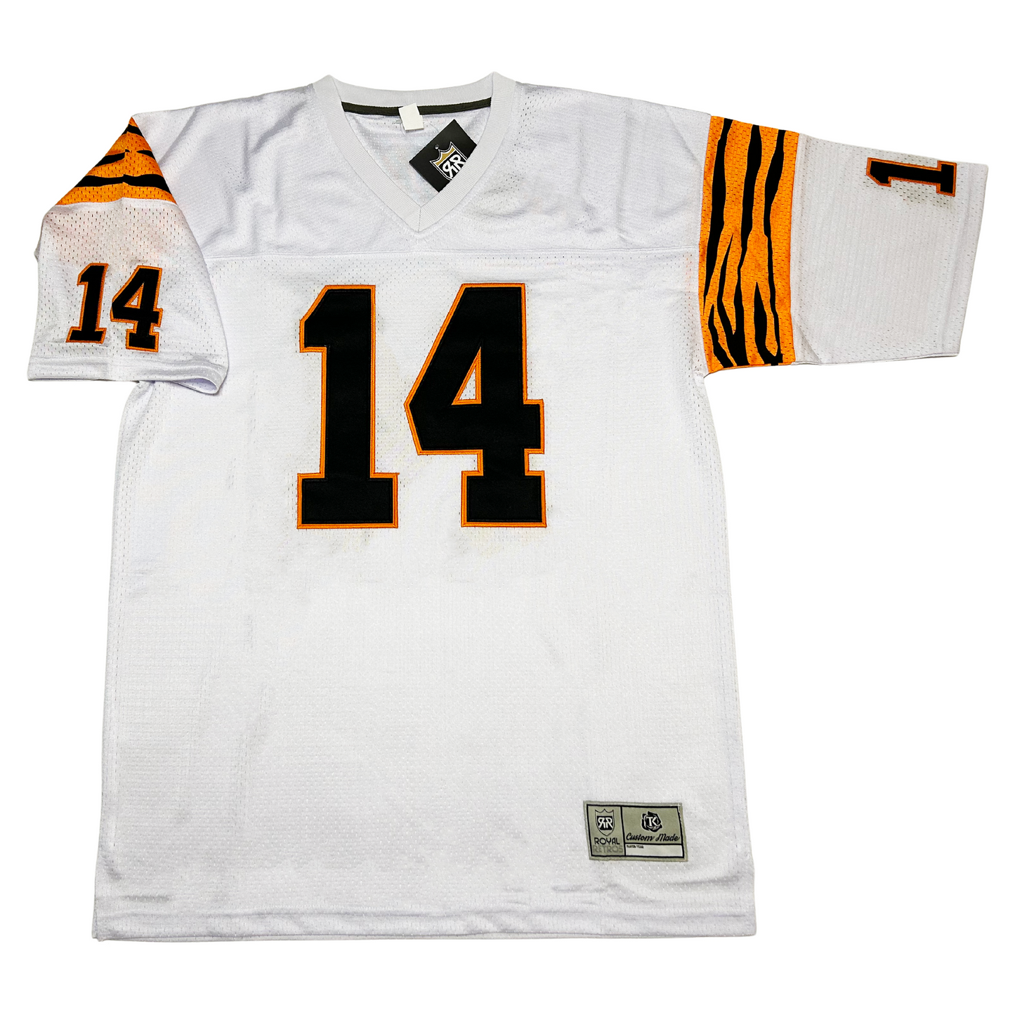 1980 Cincinnati Bengals football jersey. White. Tiger stripe bands at shoulders. #14 in black with orange trim large on chest, small on sleeve ends. Royal Retros