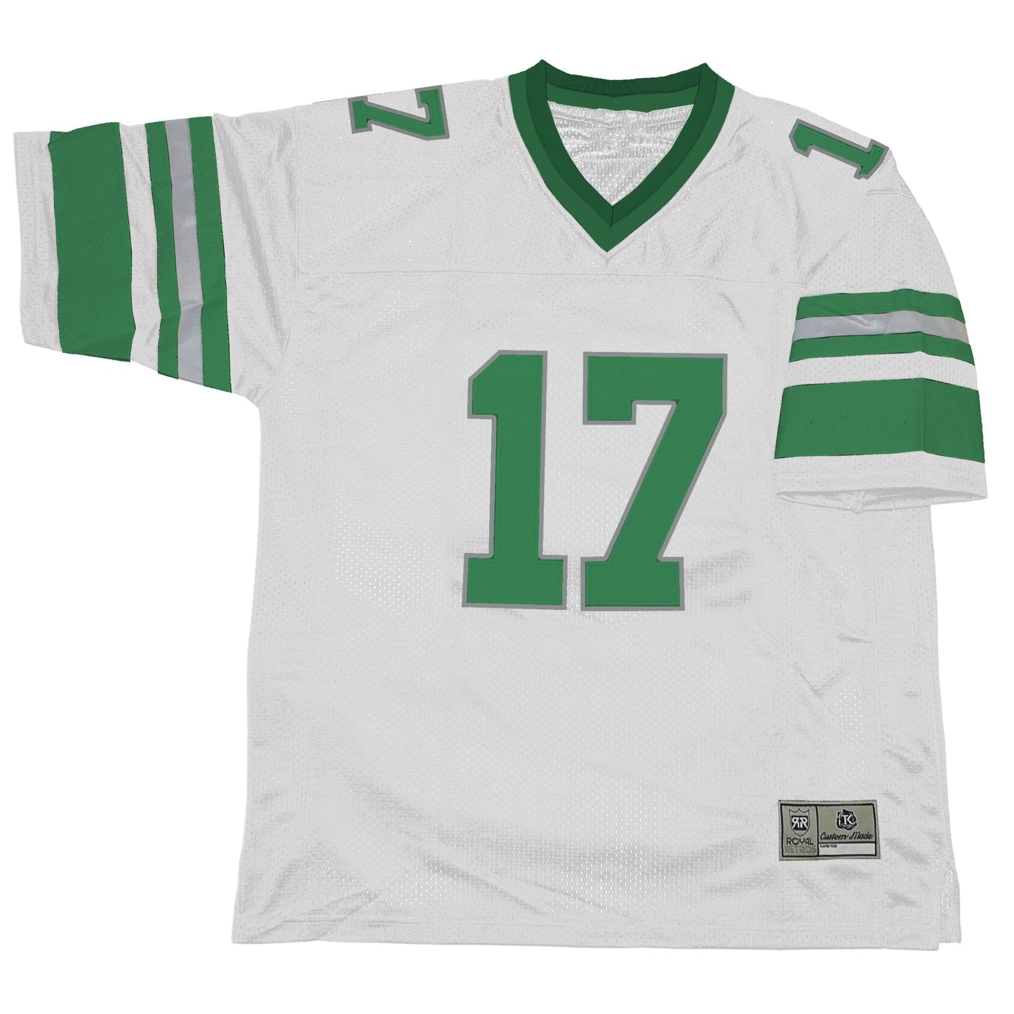 1980s Philadelphia Eagles Jaws Jersey. White. Green collar. Green, silver, green band mid-sleeve. Large green band just above sleeve end. #17 green with silver trim large on chest, small on shoulders. Royal Retros.
