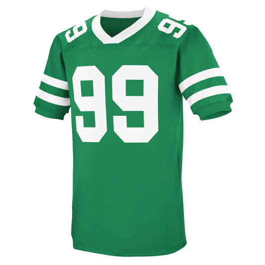 1980 New York Jets Jersey green with two white bands on sleeves. White collar and white #99 large on chest, small on shoulders . Royal Retros