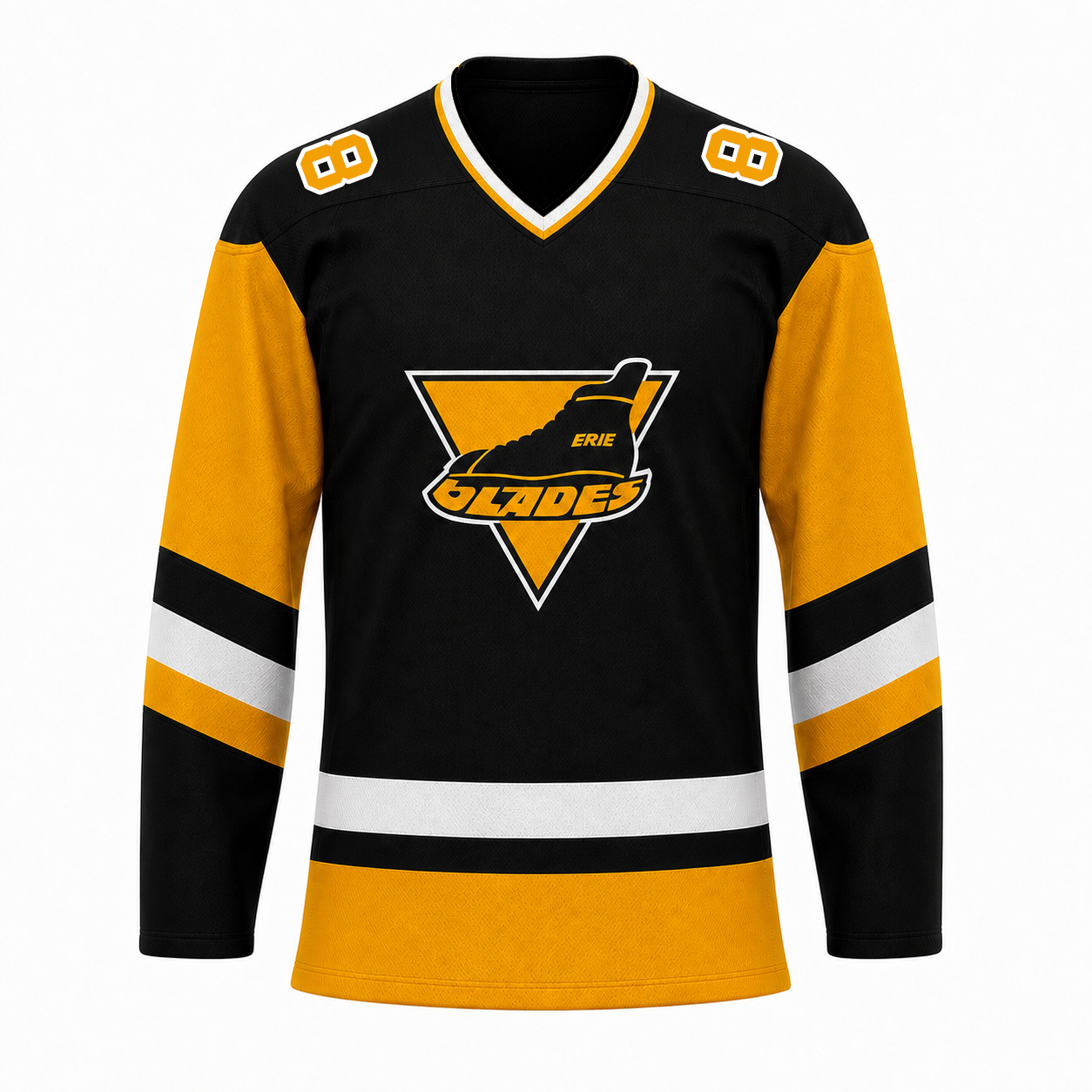 Erie Blades hockey jersey in black with gold sleeves and shoulder yokes, black and white striping, and the gold inverted-triangle crest with ERIE above the Blades script at center chest