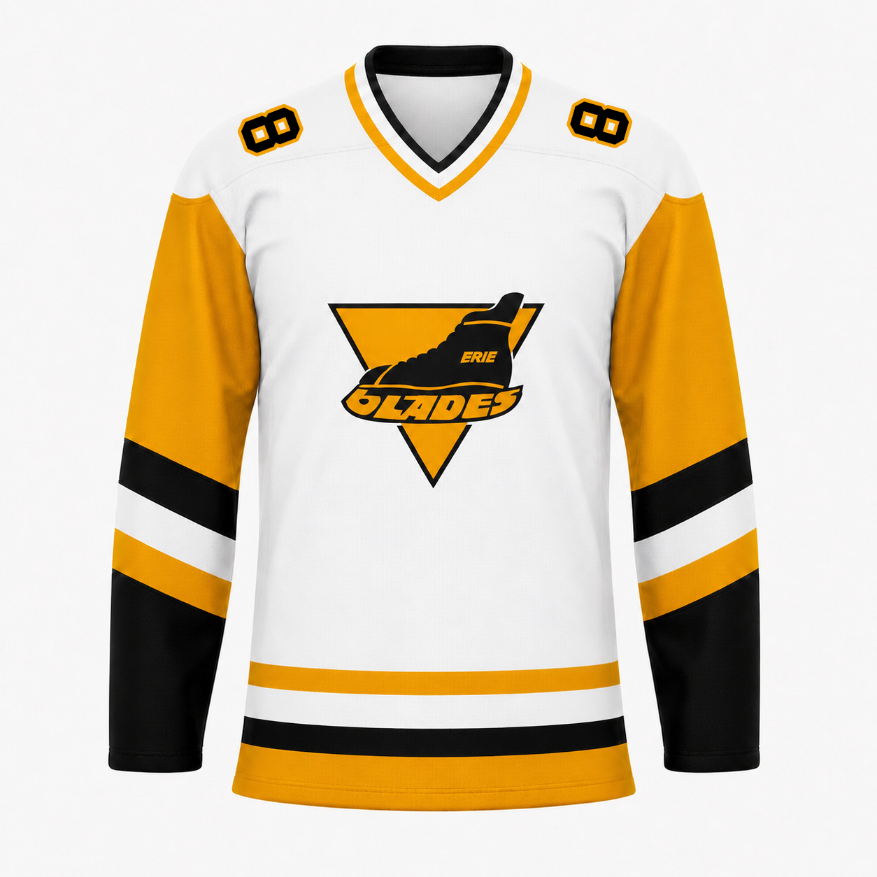 Erie Blades hockey jersey in white with gold sleeves, black and gold striping, and the gold inverted-triangle crest with ERIE above the Blades script at center chest