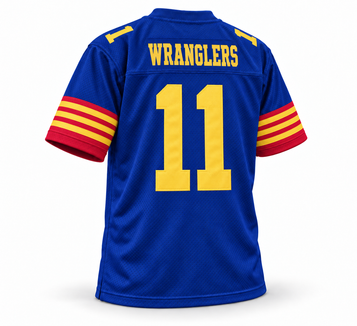1983 Arizona Wranglers USFL jersey in royal blue, back view, Wranglers number 11