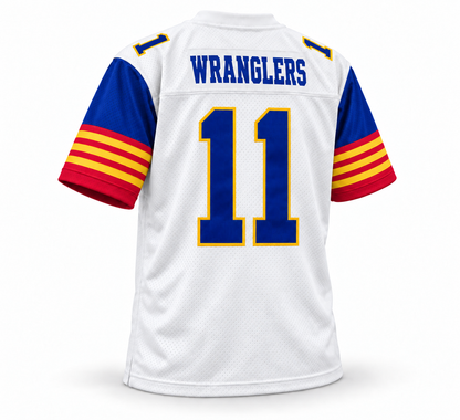 1983 Arizona Wranglers USFL jersey in white and royal blue, back view, Wranglers number 11