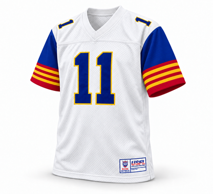 1983 Arizona Wranglers USFL jersey in white and royal blue, front view, number 11