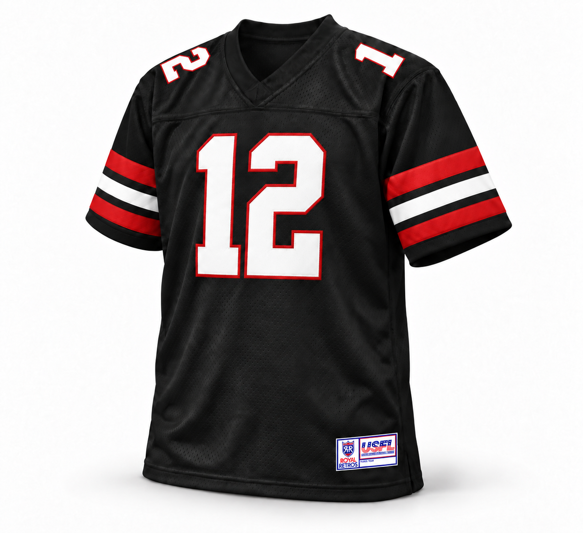 Oklahoma Outlaws USFL jersey, black front, number 12