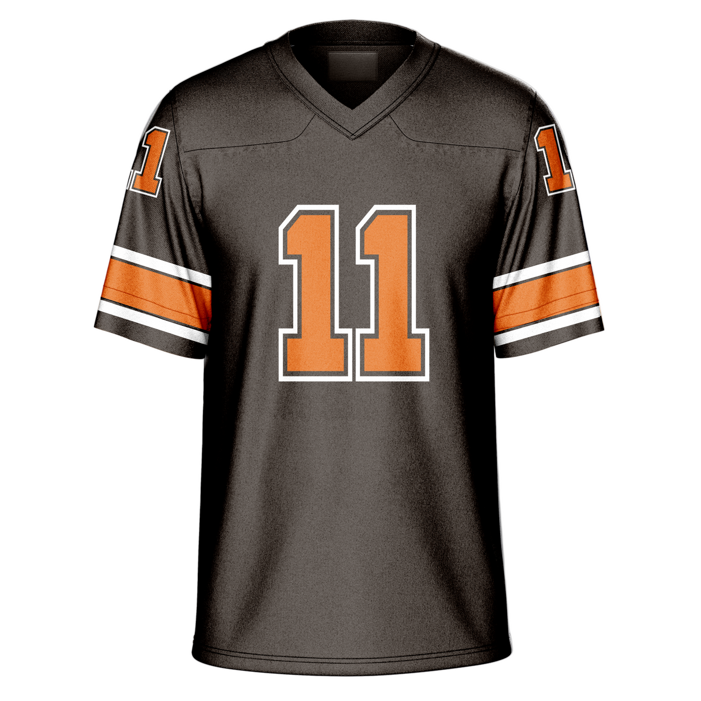 1984 Cleveland Browns. Brown. Orange numerals large on chest with white outline. Smaller on shoulders. White, thin brown, Large orange, thin brown, white bands close to sleeve ends. Royal Retros