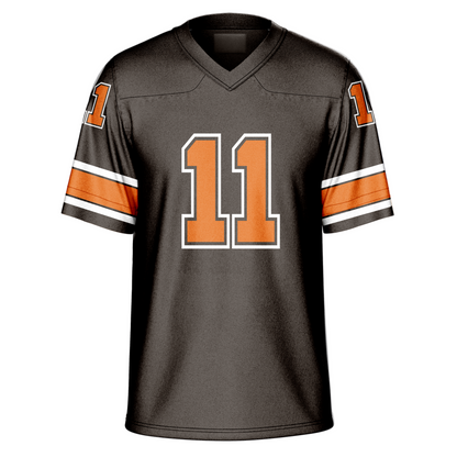 1984 Cleveland Browns. Brown. Orange numerals large on chest with white outline. Smaller on shoulders. White, thin brown, Large orange, thin brown, white bands close to sleeve ends. Royal Retros