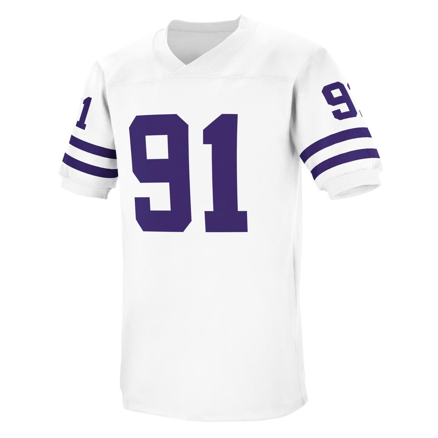 1991 Washington Huskies jersey. White, 2 blue bands on sleeves. #91 in blue large on chest, small on sleeves. Royal Retros