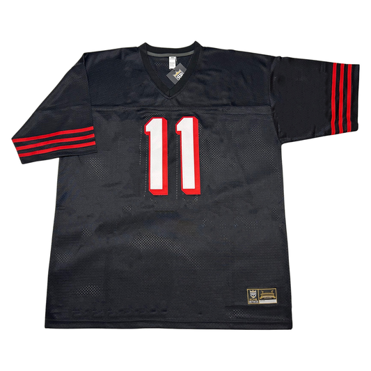 Black Faithful Jersey with red stripes and white number 11, embracing San Francisco football history
