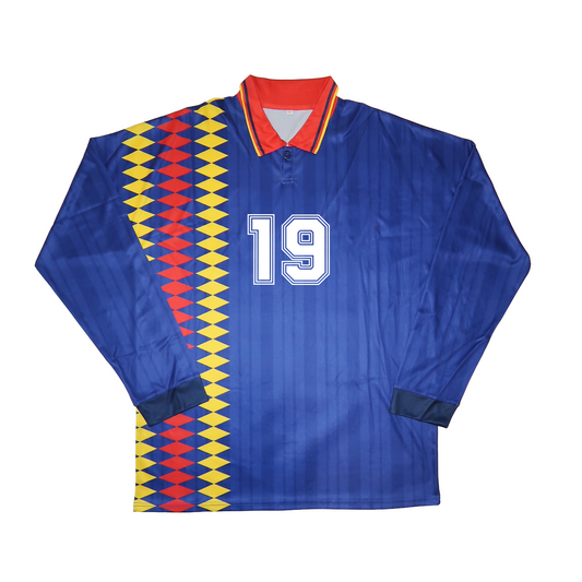 1994 Spain away soccer jersey in royal blue with yellow and red diamond sash and number 19