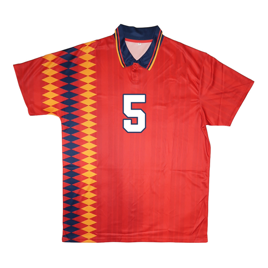 1994 Spain home soccer jersey in red with navy and orange diamond sash and number 5