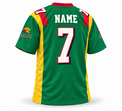 1995 Barcelona Dragons custom WLAF jersey — green back, NAME and number 7