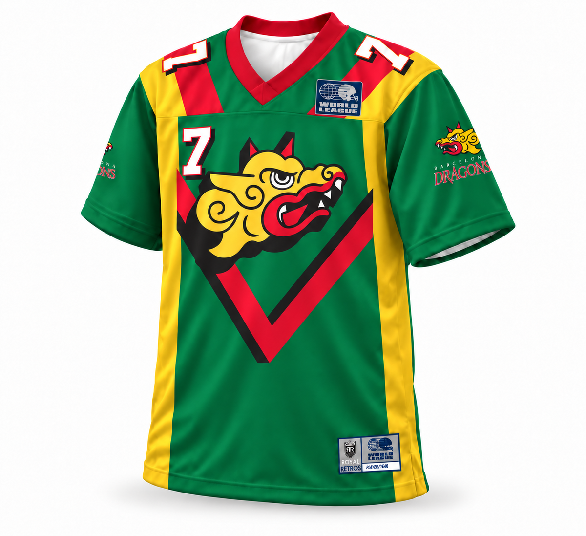 1995 Barcelona Dragons custom WLAF jersey — green front, number 7