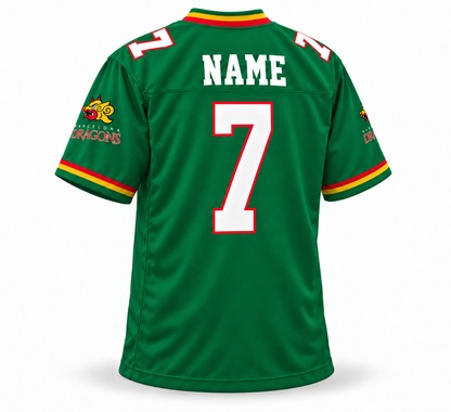 1997 Barcelona Dragons custom WLAF jersey — green back, NAME and number 7