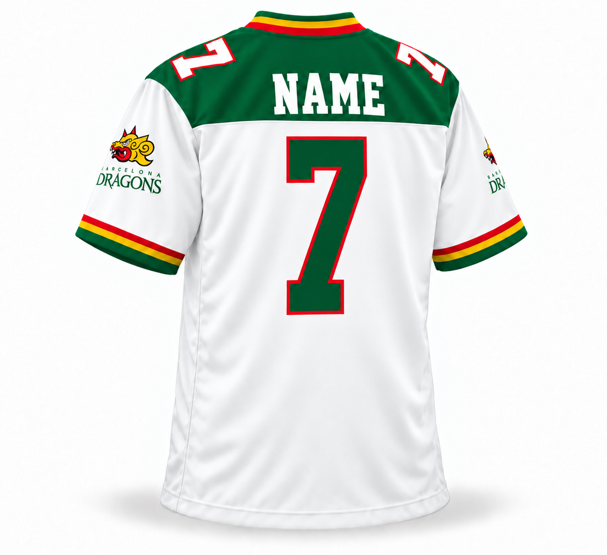 1997 Barcelona Dragons custom WLAF jersey — white back, NAME and number 7