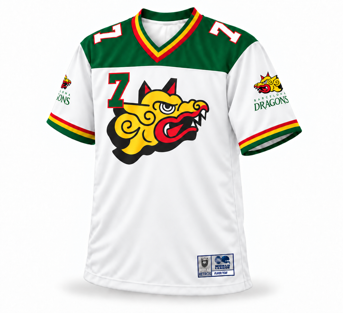 1997 Barcelona Dragons custom WLAF jersey — white front, number 7
