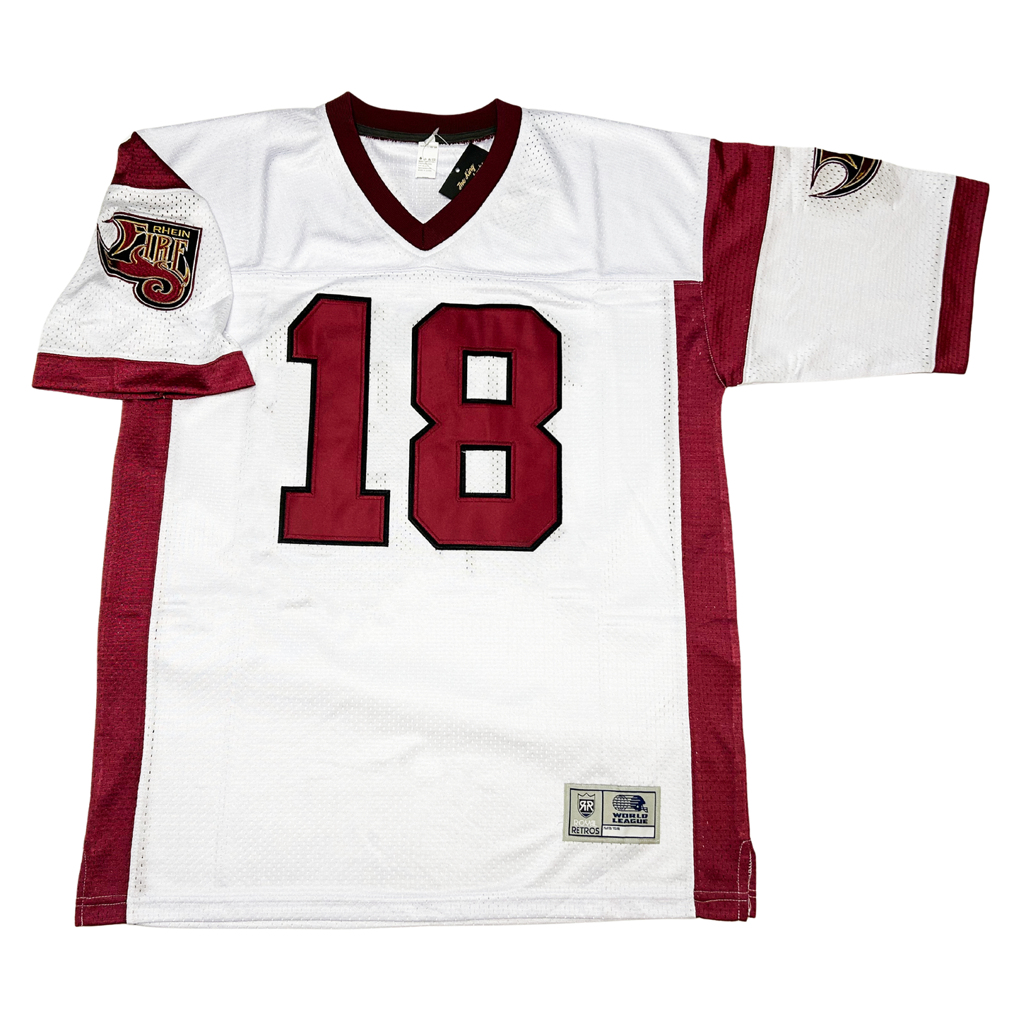 Rhein Fire WLAF Jersey white. Black collar. Maroon trim at sleeve tops and ends. Marron sides. Maroon #18 with black trim. Royal Retros