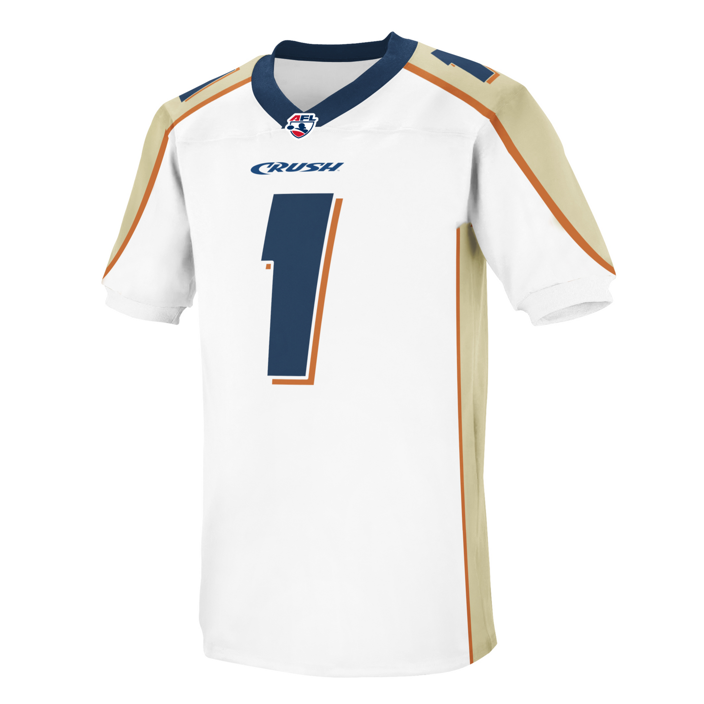 Colorado Crush jersey. white. Orange pinstripe up sides on either side of gold band. Gold shoulders with orange trim. Blue collar. Stylized CRUSH in blue small above #1 in blue with orange trim. #1 in blue with white and orange trim on shoulders. Royal Retros