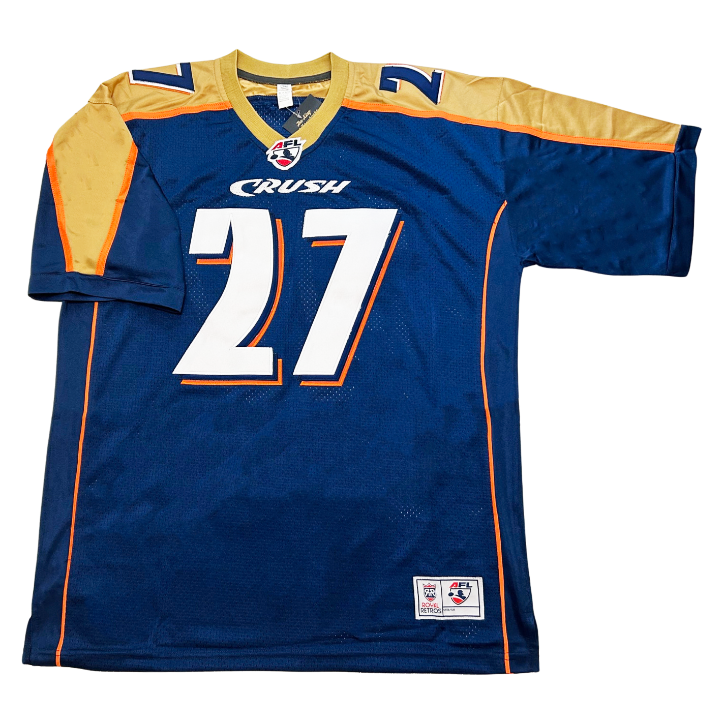 Colorado Crush jersey. Blue. Orange pinstripe up sides. Gold shoulders with orange trim. Gold collar. Stylized CRUSH in white  small above #27 in white with orange trim. #27 in blue with white and orange trim on shoulders. Royal Retros