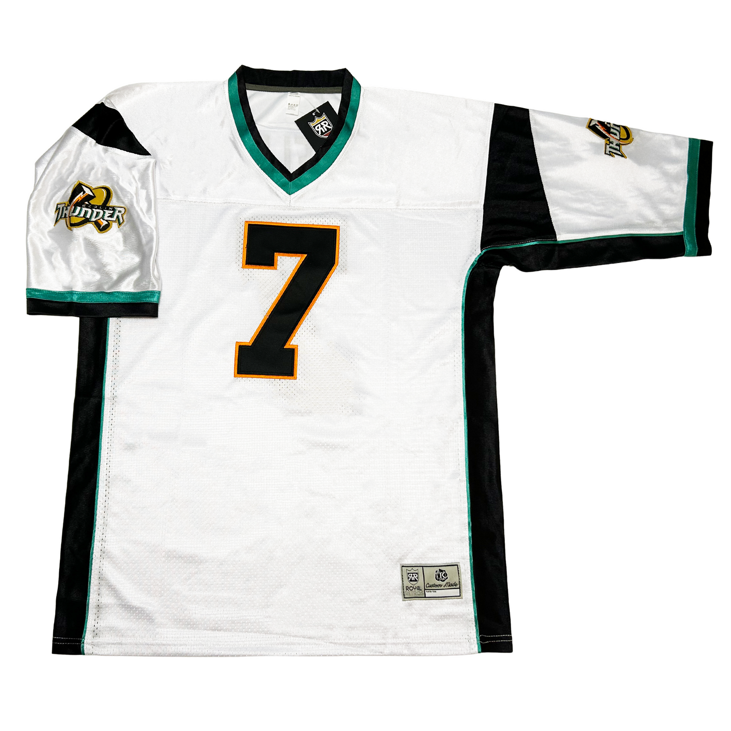 Berlin Thunder WLAF jersey white. Black and aqua collar. Black bands at shoulders. Aqua and black bands at sleeve ends. Black stripes up sides.  black #7 with gold trim large on chest. Royal Retros