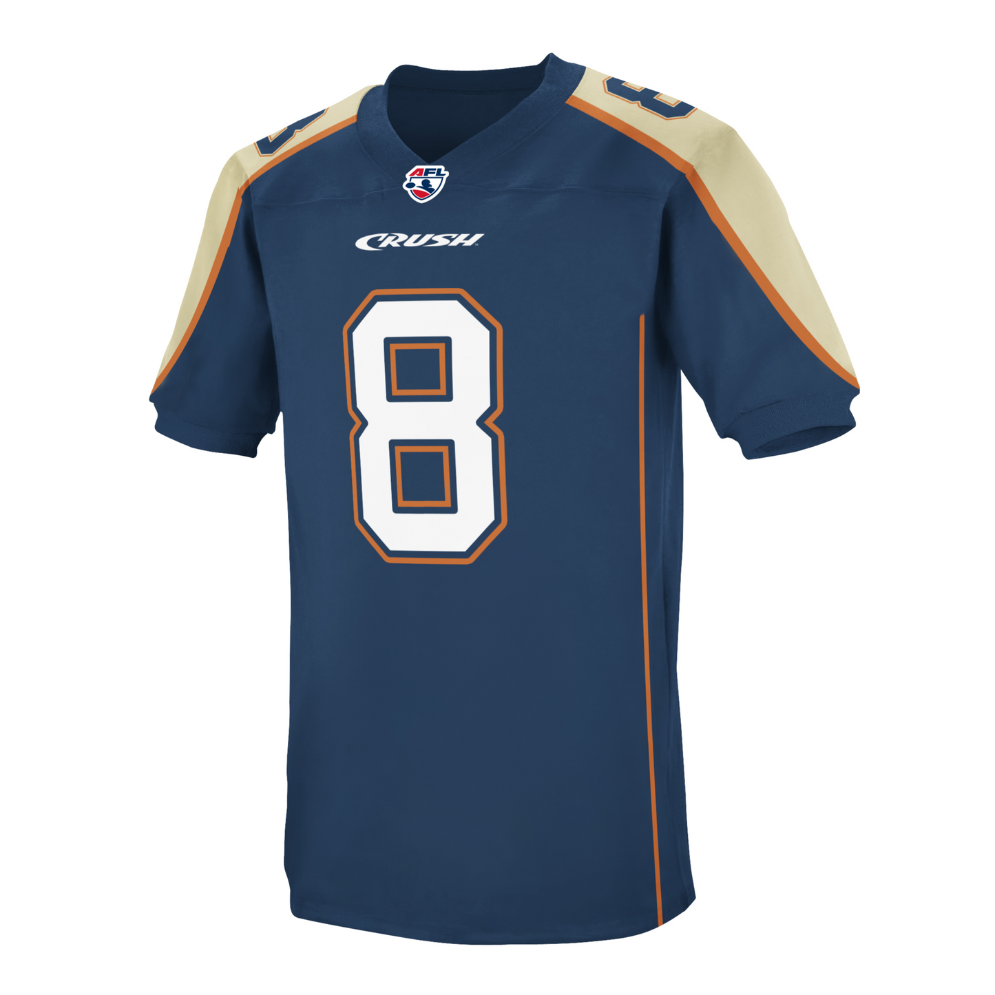 Colorado Crush jersey. Blue. Orange pinstripe up sides. Gray shoulders with orange trim. Stylized CRUSH in white small above #8 in white with orange trim. #8 in blue with orange trim on shoulders. Royal Retros